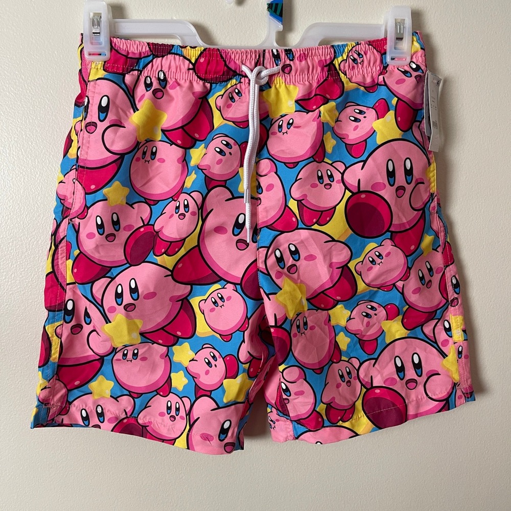 Kirby Nintendo Bioworld Mens Swim Trunks Pink All Over Print‎ Shorts Small NWT